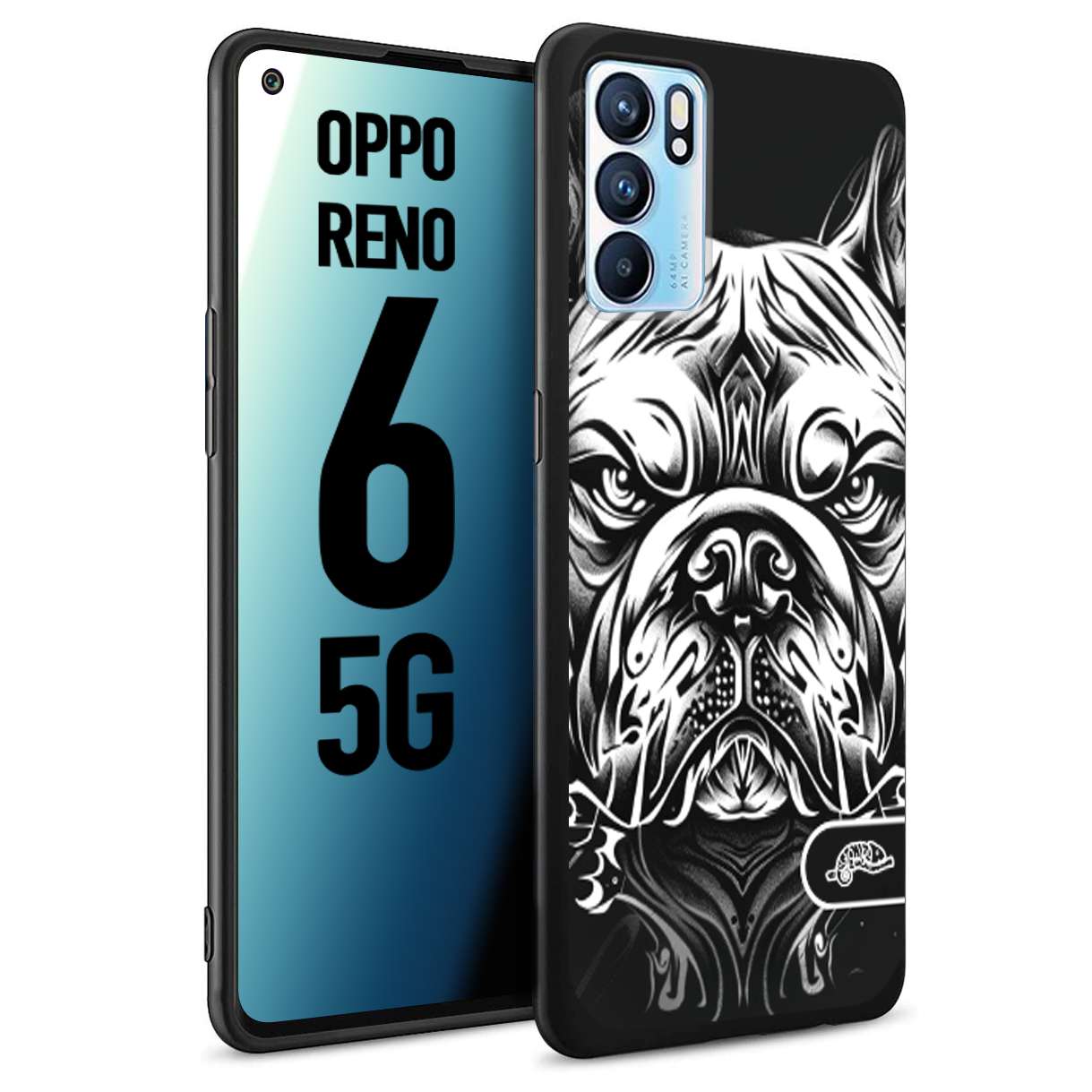 CUSTOMIZZA - Custodia cover nera morbida in tpu compatibile per Oppo Reno 6 5G bulldog bianco a rilievo disegnato tattoo tatuaggio