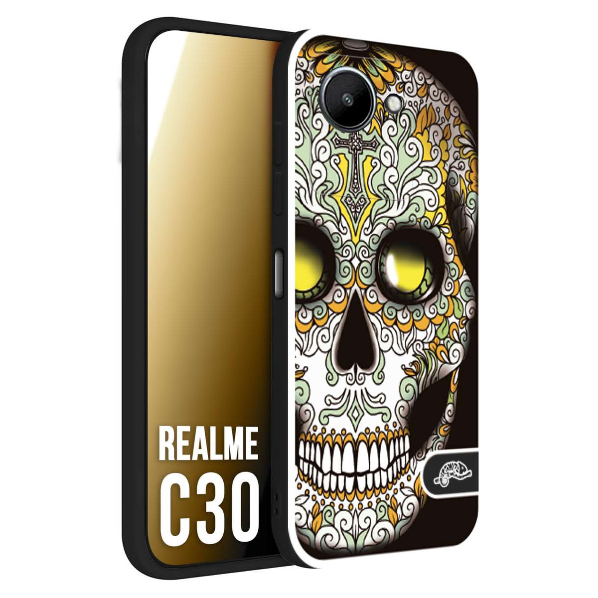CUSTOMIZZA - Custodia cover nera morbida in tpu compatibile per Realme C30 teschio messicano Mexican skull bianco verde giallo