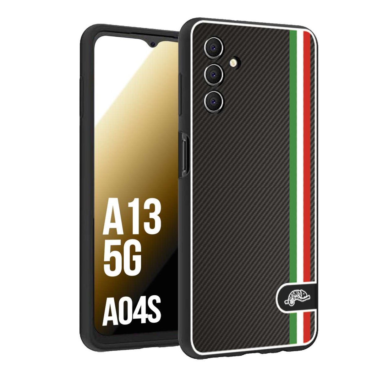 CUSTOMIZZA - Custodia cover nera morbida in tpu compatibile per Samsung A04S - A13 5G effetto fibra di carbonio bandiera Italia made in Italy