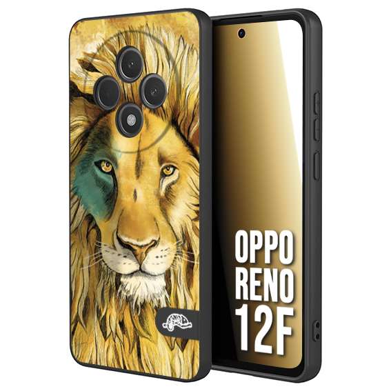 CUSTOMIZZA - Custodia cover nera morbida in tpu compatibile per Oppo Reno 12F leone lion disegnato a mano giallo blu a rilievo artistico brown