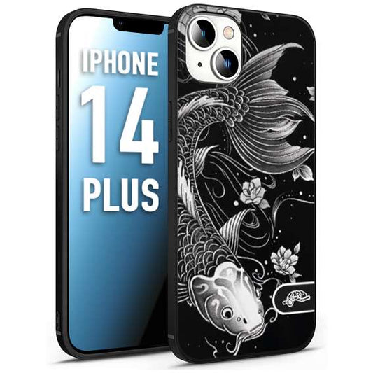 CUSTOMIZZA - Custodia cover nera morbida in tpu compatibile per iPhone 14 PLUS carpa koi black and white bianco a rilievo disegnato tattoo tatuaggio