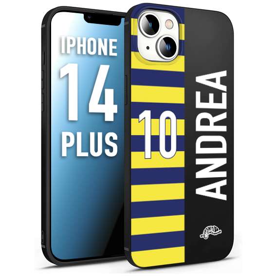 CUSTOMIZZA - Custodia cover nera morbida in tpu compatibile per iPhone 14 PLUS personalizzata calcio football nome e numero calciatori giallo blu