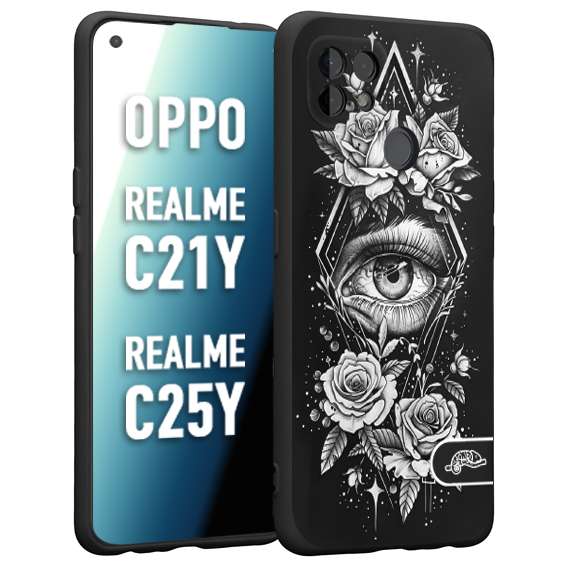 CUSTOMIZZA - Custodia cover nera morbida in tpu compatibile per Oppo Realme C21Y - C25Y occhio fiori rombo geometrico black and white bianco a rilievo disegnato tattoo tatuaggio