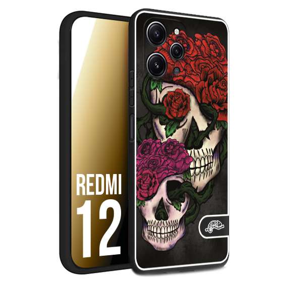 CUSTOMIZZA - Custodia cover nera morbida in tpu compatibile per Xiaomi Redmi 12 teschi e rose rosse fucsia skull and roses