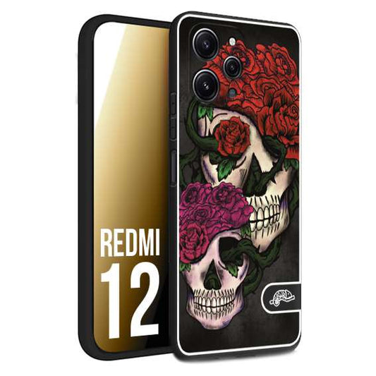 CUSTOMIZZA - Custodia cover nera morbida in tpu compatibile per Xiaomi Redmi 12 teschi e rose rosse fucsia skull and roses