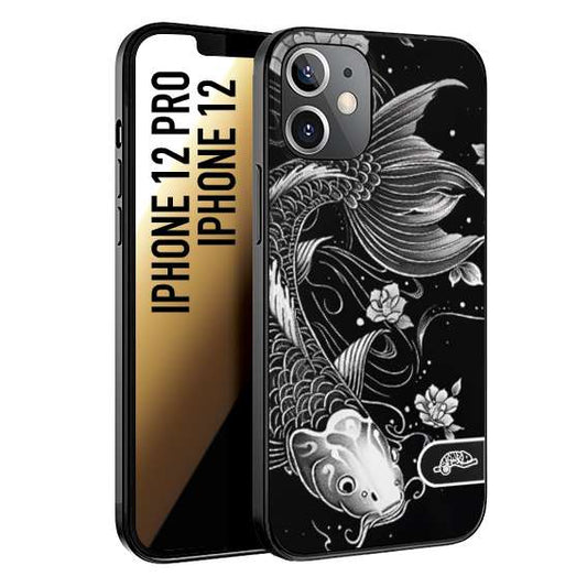 CUSTOMIZZA - Custodia cover nera morbida in tpu compatibile per iPhone 12 - 12 PRO carpa koi black and white bianco a rilievo disegnato tattoo tatuaggio