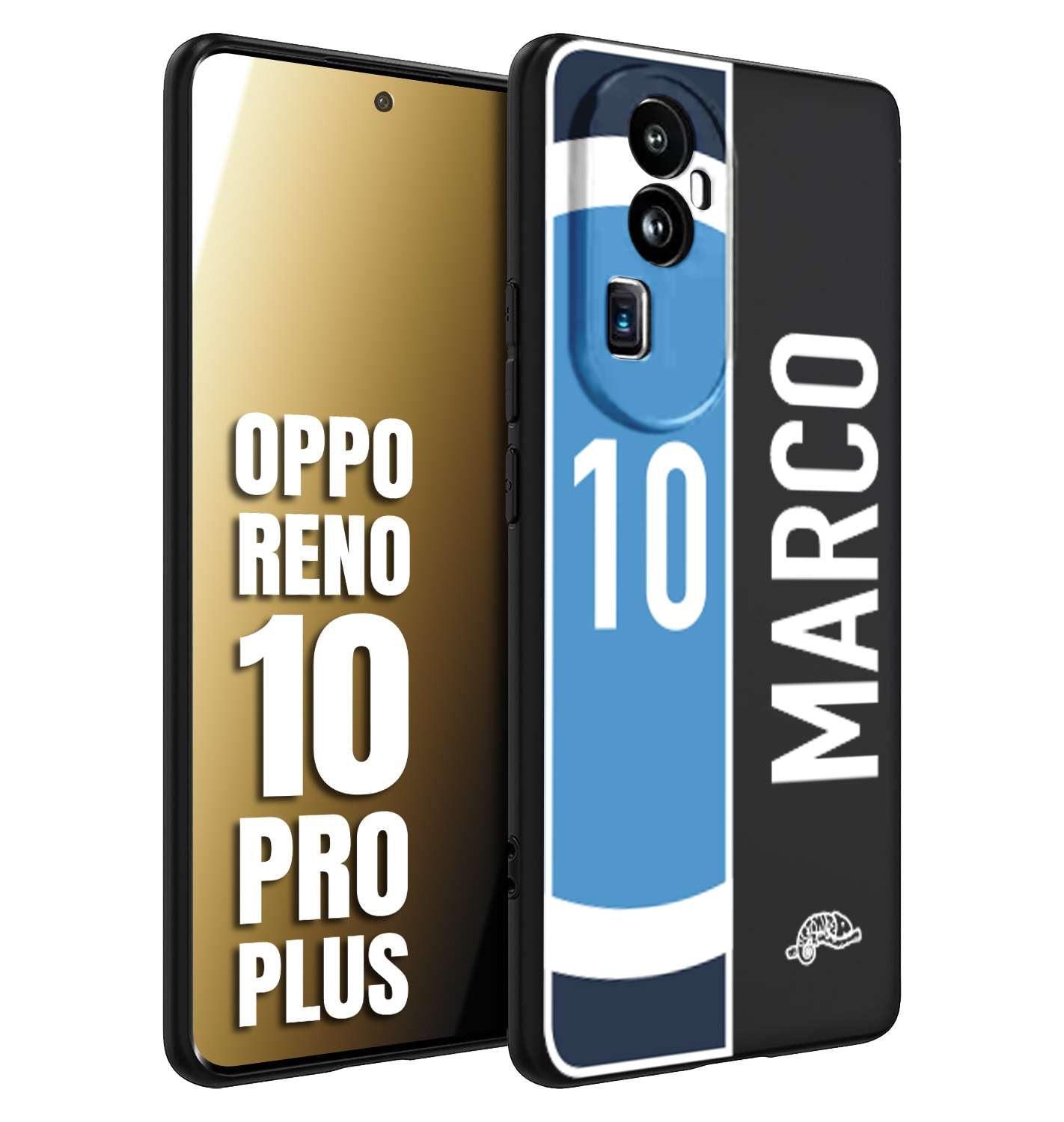 CUSTOMIZZA - Custodia cover nera morbida in tpu compatibile per Oppo Reno 10 PRO PLUS personalizzata calcio football nome e numero calciatori biancoazzurri bianco celesti