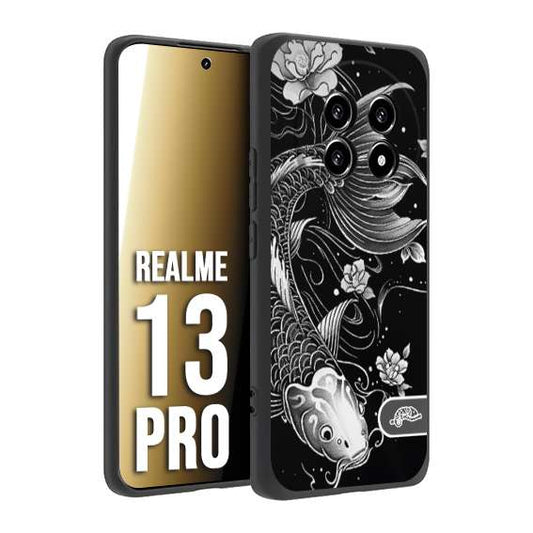CUSTOMIZZA - Custodia cover nera morbida in tpu compatibile per Realme 13 PRO carpa koi black and white bianco a rilievo disegnato tattoo tatuaggio