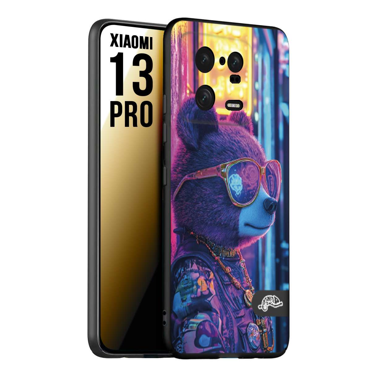 CUSTOMIZZA - Custodia cover nera morbida in tpu compatibile per Xiaomi 13 PRO animali cyberpunk orsetto orso street bear fucsia blu night