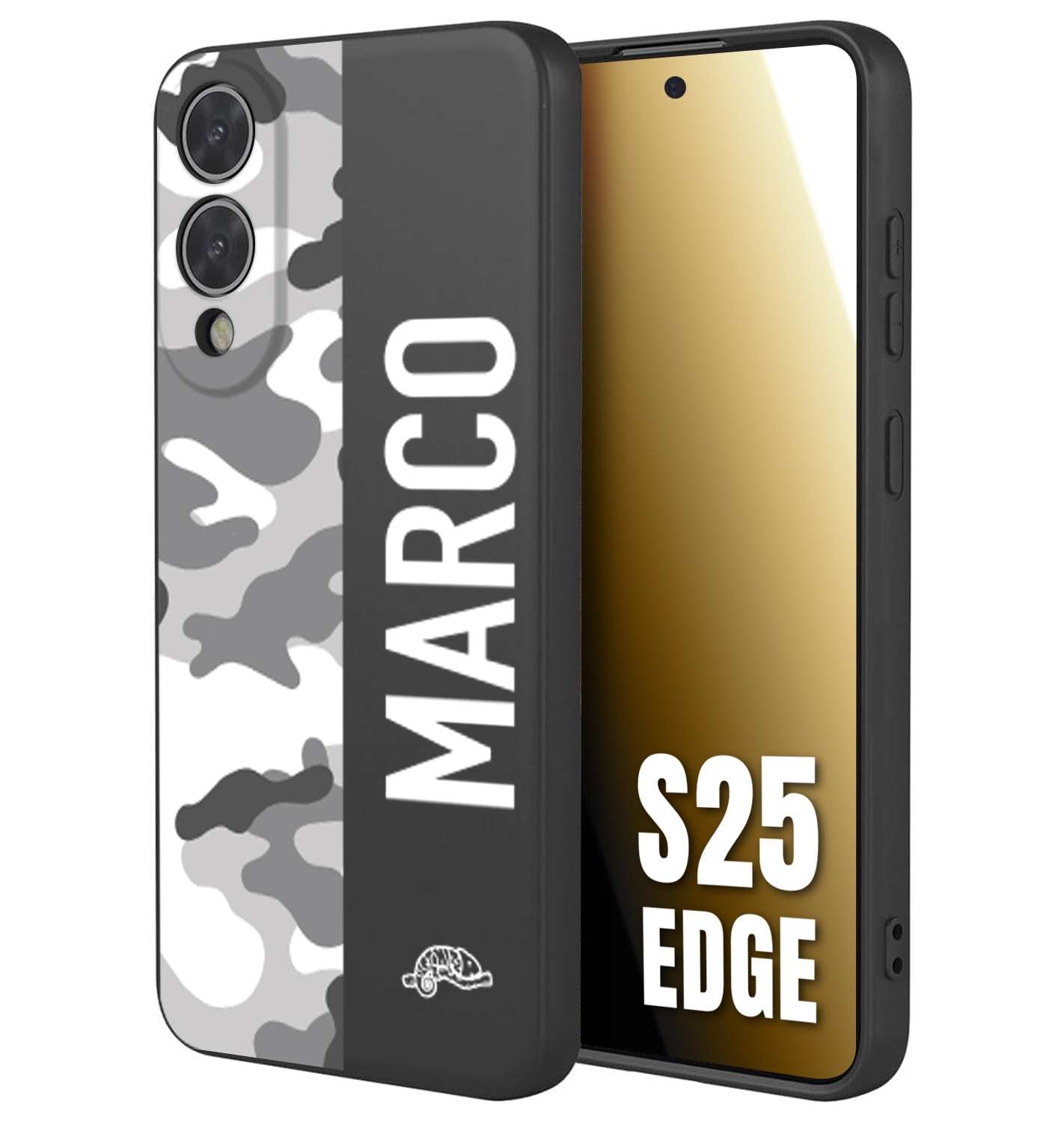 CUSTOMIZZA - Custodia cover nera morbida in tpu compatibile per Samsung S25 EDGE camouflage mimetico militare personalizzata nome bianco