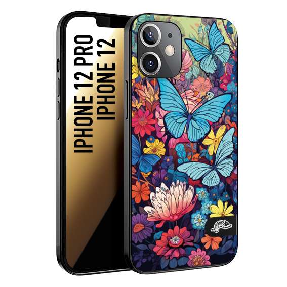 CUSTOMIZZA - Custodia cover nera morbida in tpu compatibile per iPhone 12 - 12 PRO farfalle butterfly moderno donna disegnate gialla blu rosa