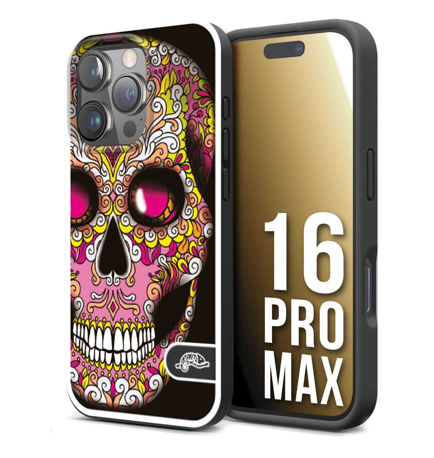 CUSTOMIZZA - Custodia cover nera morbida in tpu compatibile per iPhone 16 PRO MAX teschio messicano Mexican skull rosa gialla