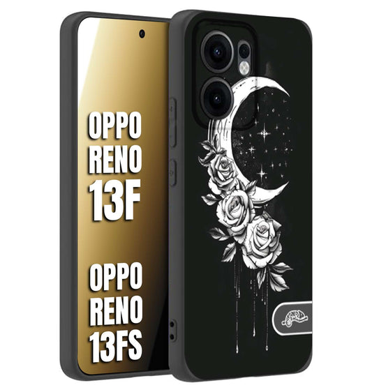 CUSTOMIZZA - Custodia cover nera morbida in tpu compatibile per Oppo Reno 13 F luna e fiori moon flowers black and white bianco a rilievo disegnato