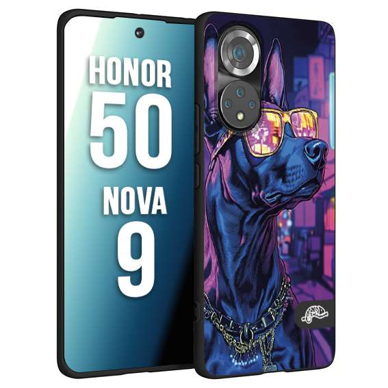 CUSTOMIZZA - Custodia cover nera morbida in tpu compatibile per Huawei Nova 9 - Honor 50 animali cyberpunk dobermann cane street dog fucsia blu night