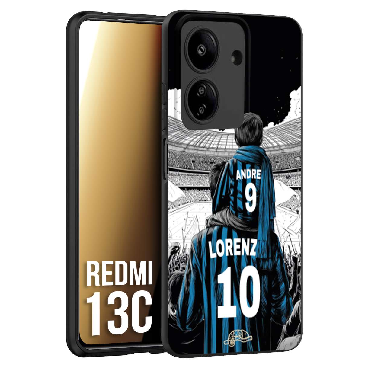 CUSTOMIZZA - Custodia cover nera morbida in tpu compatibile per Xiaomi Redmi 13C personalizzata calcio football padre e figlio calciatori nerazzurra