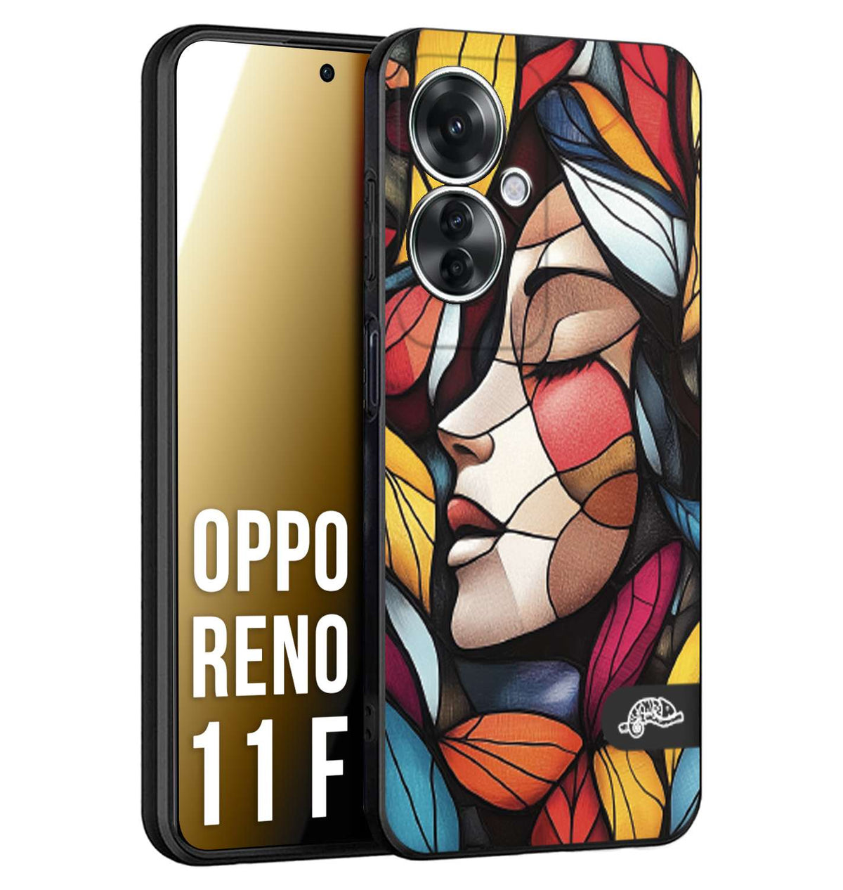 CUSTOMIZZA - Custodia cover nera morbida in tpu compatibile per Oppo Reno 11 F 5G Vetrata artistica volto di donna profilo fogliare mosaico di vetro colorato