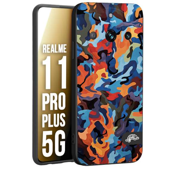 CUSTOMIZZA - Custodia cover nera morbida in tpu compatibile per Realme 11 PRO PLUS 5G camouflage mimetico militare moderno blu arancio rosso