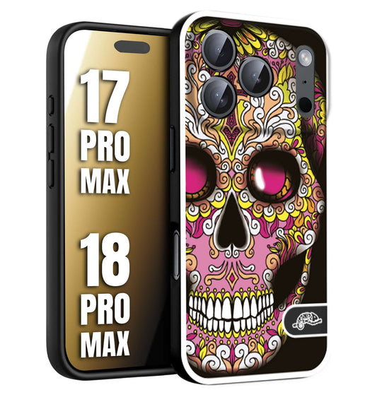 CUSTOMIZZA - Custodia cover nera morbida in tpu compatibile per iPhone 17 PRO MAX - 18 PRO MAX teschio messicano Mexican skull rosa gialla