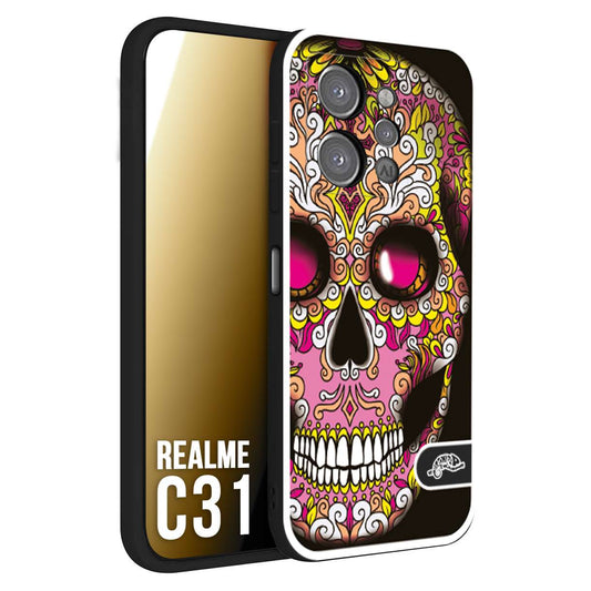 CUSTOMIZZA - Custodia cover nera morbida in tpu compatibile per Oppo Realme C31 teschio messicano Mexican skull rosa gialla