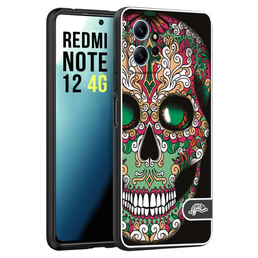 CUSTOMIZZA - Custodia cover nera morbida in tpu compatibile per Xiaomi Redmi Note 12 4G teschio messicano Mexican skull verde fucsia