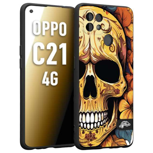 CUSTOMIZZA - Custodia cover nera morbida in tpu compatibile per Realme C21 4G teschio messicano colorato dorato fiori autunnali disegnato