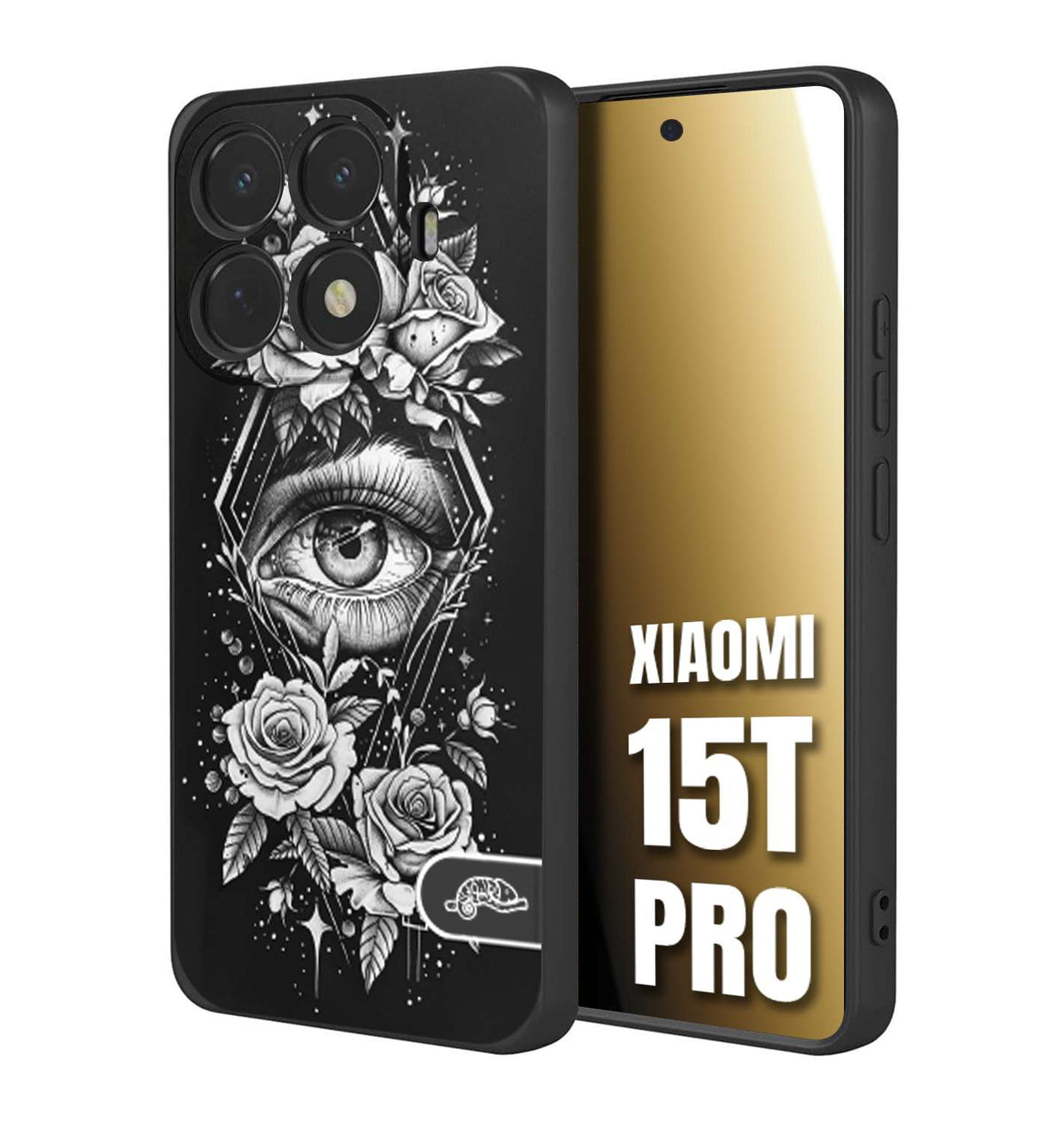 CUSTOMIZZA - Custodia cover nera morbida in tpu compatibile per Xiaomi 15T PRO occhio fiori rombo geometrico black and white bianco a rilievo disegnato tattoo tatuaggio