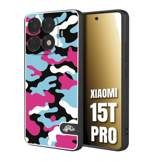 CUSTOMIZZA - Custodia cover nera morbida in tpu compatibile per Xiaomi 15T PRO camouflage mimetico militare fucsia celeste