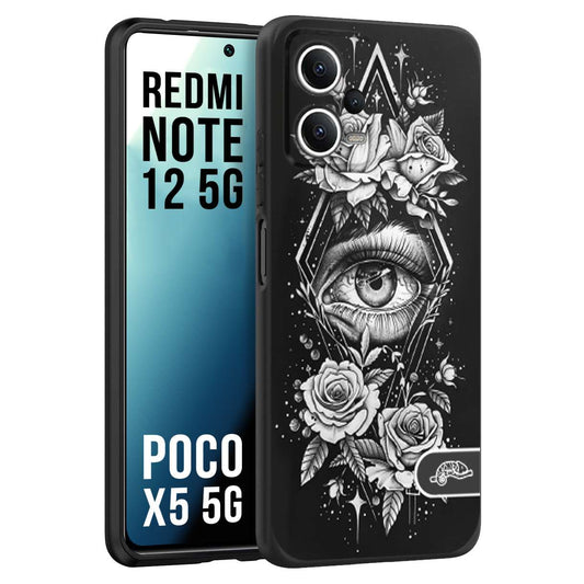 CUSTOMIZZA - Custodia cover nera morbida in tpu compatibile per Xiaomi Redmi Note 12 - POCO X5 5G occhio fiori rombo geometrico black and white bianco a rilievo disegnato tattoo tatuaggio