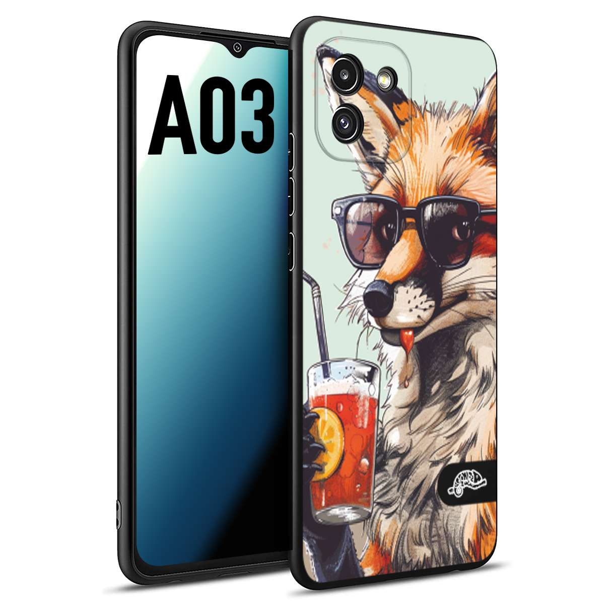 CUSTOMIZZA - Custodia cover nera morbida in tpu compatibile per Samsung A03 estate disegnata cocktails animali simpatici fox volpe negroni