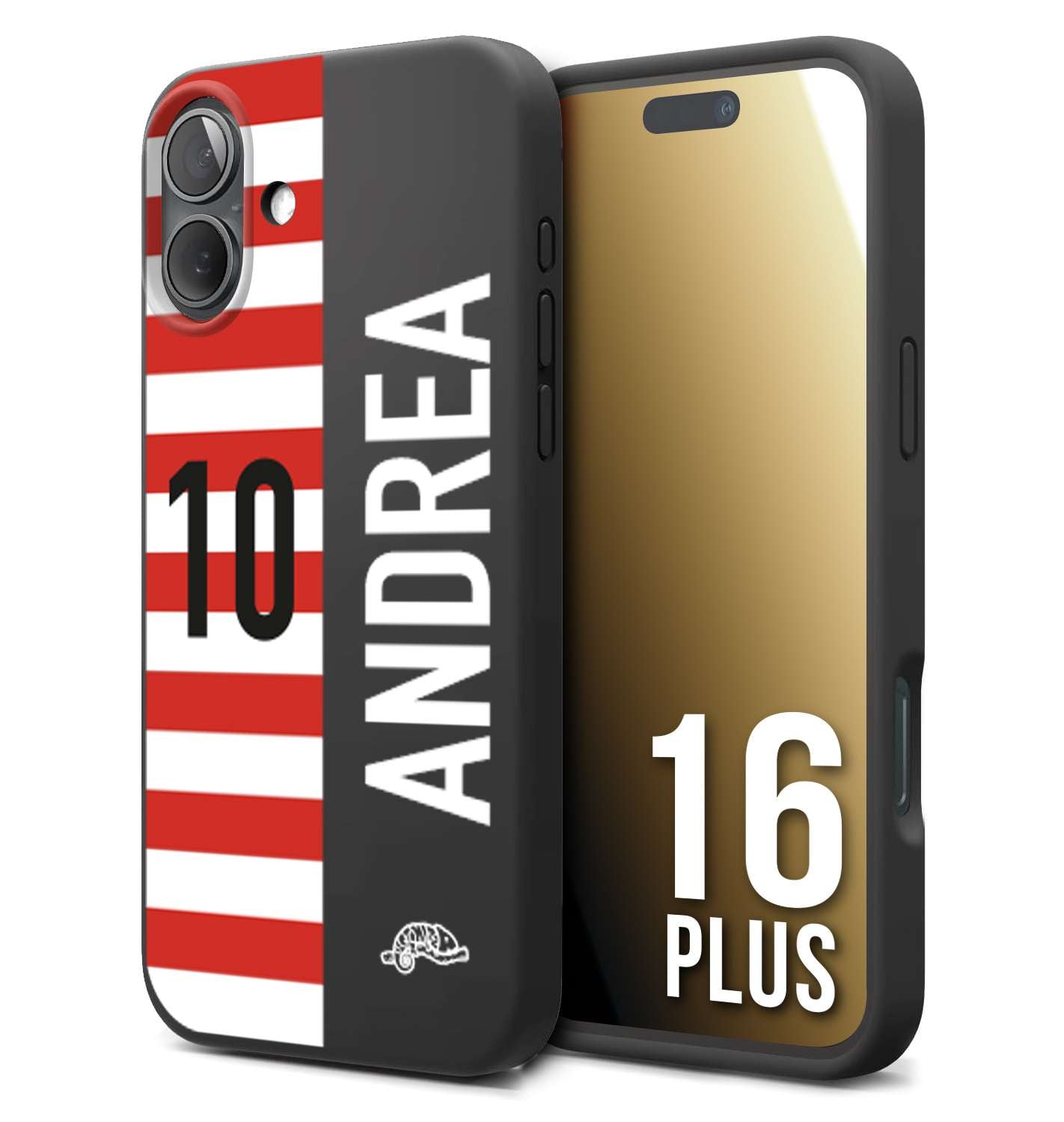 CUSTOMIZZA - Custodia cover nera morbida in tpu compatibile per iPhone 16 PLUS personalizzata calcio football nome e numero calciatori bianco rossa