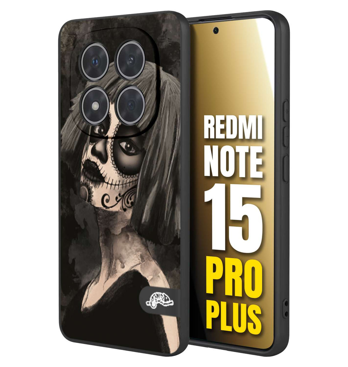 CUSTOMIZZA - Custodia cover nera morbida in tpu compatibile per Xiaomi Redmi Note 15 PRO PLUS chicana messicana dea de la muerte donna santa tattoo disegnata