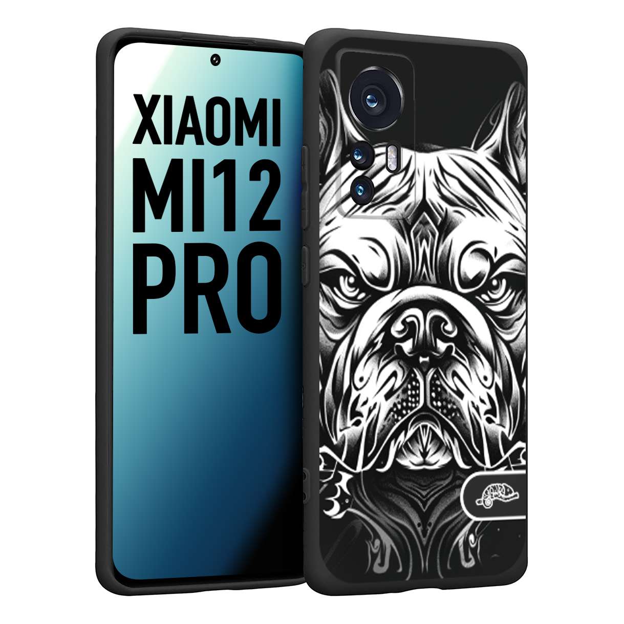 CUSTOMIZZA - Custodia cover nera morbida in tpu compatibile per Xiaomi 12 PRO bulldog bianco a rilievo disegnato tattoo tatuaggio