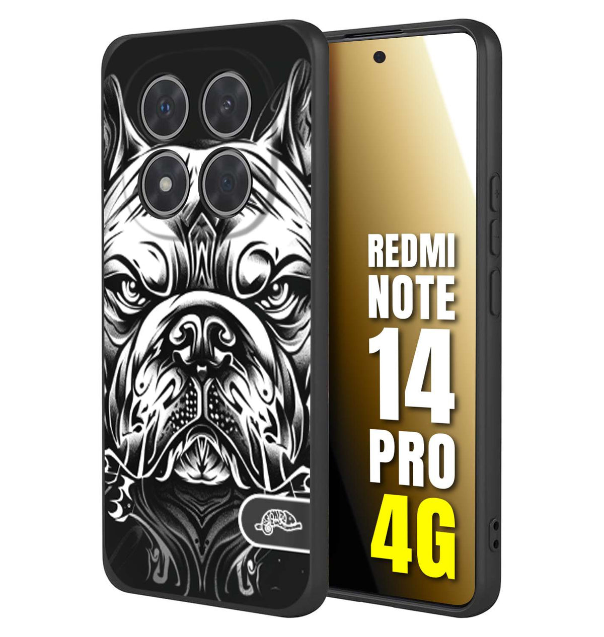 CUSTOMIZZA - Custodia cover nera morbida in tpu compatibile per Xiaomi Redmi Note 14 PRO 4G bulldog bianco a rilievo disegnato tattoo tatuaggio