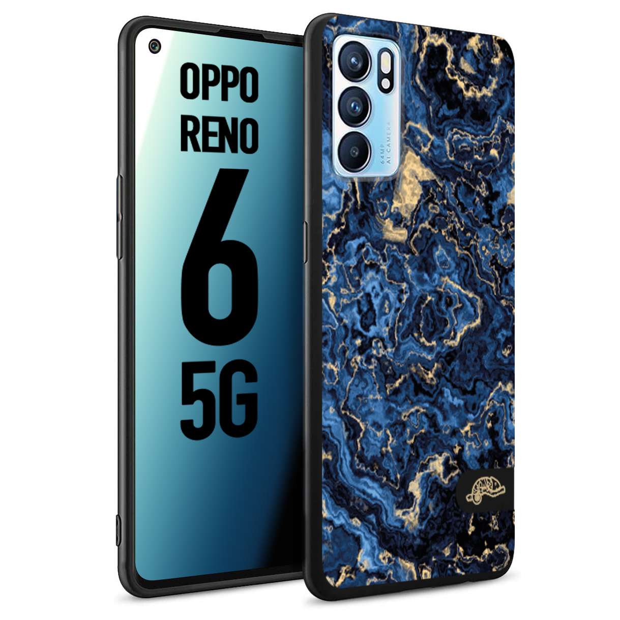 CUSTOMIZZA - Custodia cover nera morbida in tpu compatibile per Oppo Reno 6 5G effetto marmo marble blu venature dorato psichedelico