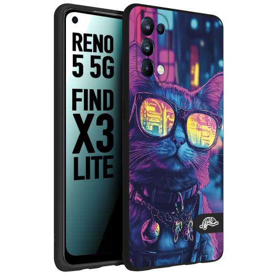 CUSTOMIZZA - Custodia cover nera morbida in tpu compatibile per Oppo Reno 5 5G animali cyberpunk gatto street cat fucsia blu giallo