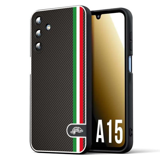 CUSTOMIZZA - Custodia cover nera morbida in tpu compatibile per Samsung A15 5G effetto fibra di carbonio bandiera Italia made in Italy