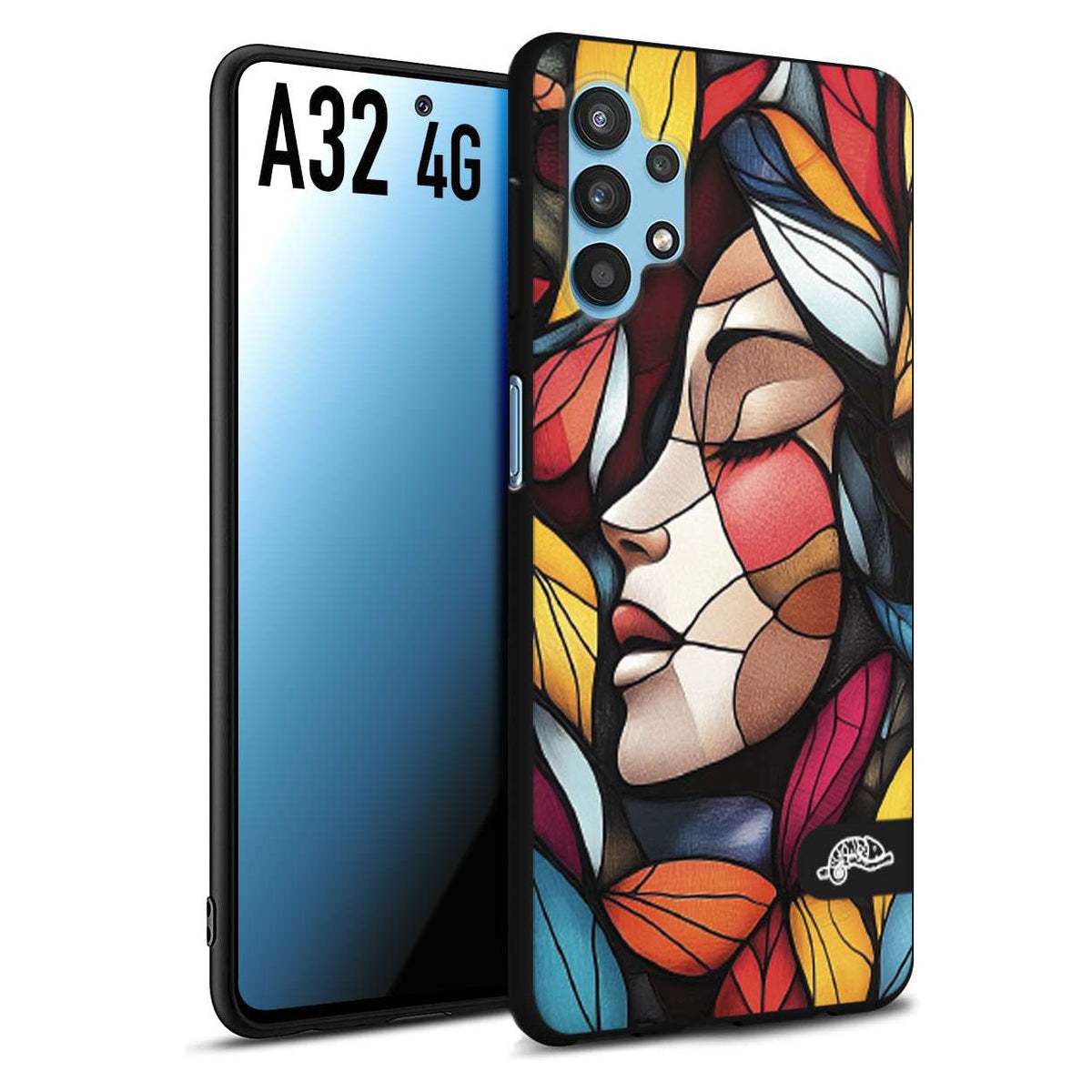 CUSTOMIZZA - Custodia cover nera morbida in tpu compatibile per Samsung A32 4G Vetrata artistica volto di donna profilo fogliare mosaico di vetro colorato