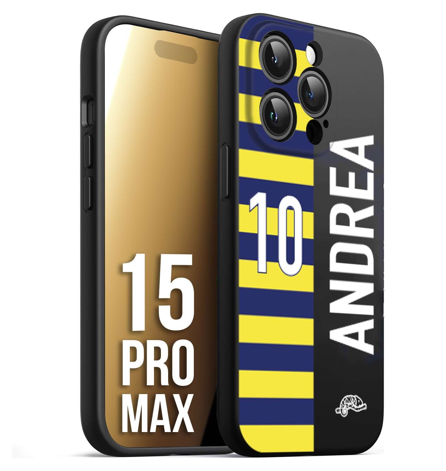 CUSTOMIZZA - Custodia cover nera morbida in tpu compatibile per iPhone 15 PRO MAX personalizzata calcio football nome e numero calciatori giallo blu