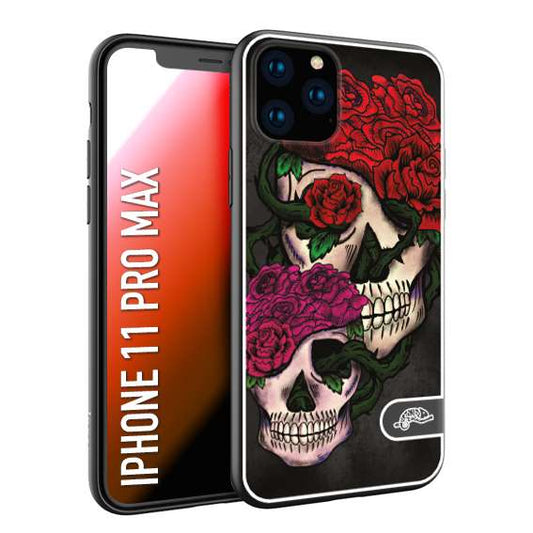 CUSTOMIZZA - Custodia cover nera morbida in tpu compatibile per iPhone 11 PRO MAX teschi e rose rosse fucsia skull and roses