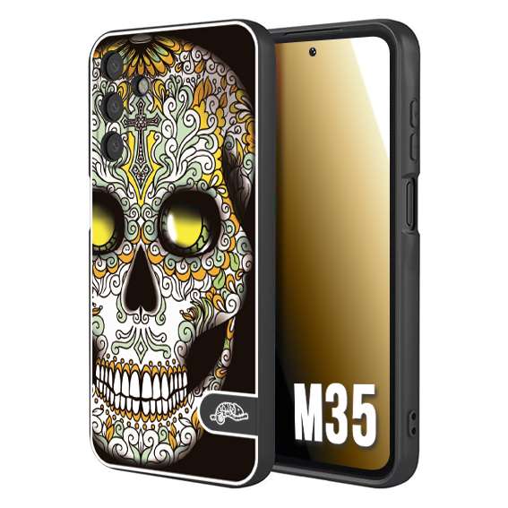 CUSTOMIZZA - Custodia cover nera morbida in tpu compatibile per Samsung M35 teschio messicano Mexican skull bianco verde giallo