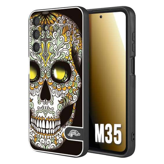 CUSTOMIZZA - Custodia cover nera morbida in tpu compatibile per Samsung M35 teschio messicano Mexican skull bianco verde giallo
