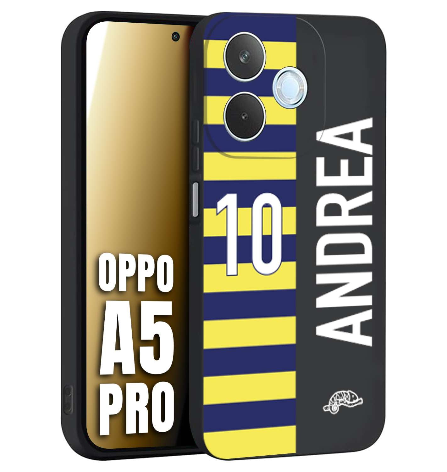 CUSTOMIZZA - Custodia cover nera morbida in tpu compatibile per Oppo A5 PRO personalizzata calcio football nome e numero calciatori giallo blu