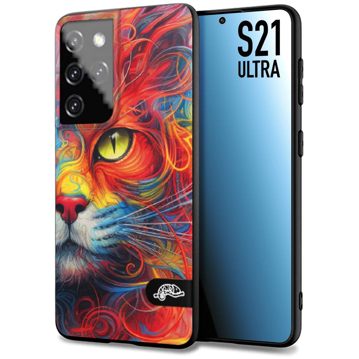 CUSTOMIZZA - Custodia cover nera morbida in tpu compatibile per Samsung S21 ULTRA animali color cat gatto viso colori vibranti disegnato schizzo