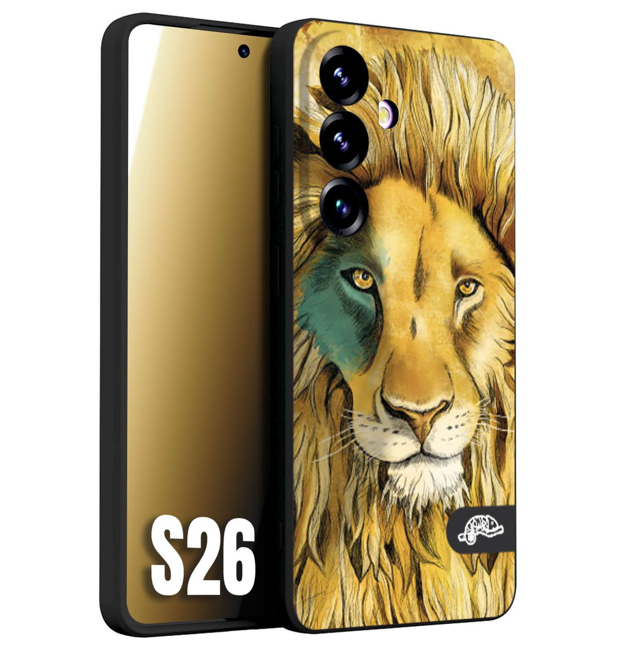 CUSTOMIZZA - Custodia cover nera morbida in tpu compatibile per Samsung S26 leone lion disegnato a mano giallo blu a rilievo artistico brown