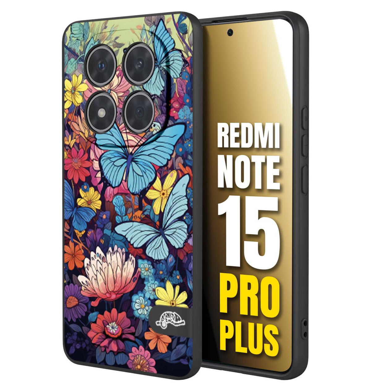 CUSTOMIZZA - Custodia cover nera morbida in tpu compatibile per Xiaomi Redmi Note 15 PRO PLUS farfalle butterfly moderno donna disegnate gialla blu rosa