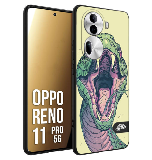 CUSTOMIZZA - Custodia cover nera morbida in tpu compatibile per Oppo Reno 11 PRO 5G snake yellow green serpente tatuaggio tattoo disegnato a mano