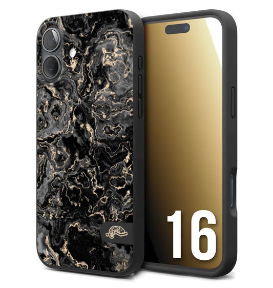 CUSTOMIZZA - Custodia cover nera morbida in tpu compatibile per iPhone 16 effetto marmo marble nero black venature dorato pietra