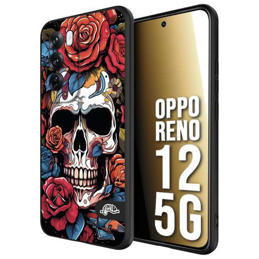 CUSTOMIZZA - Custodia cover nera morbida in tpu compatibile per Oppo Reno 12 5G teschio skull flowers fiori rose rosse tattoo disegnato