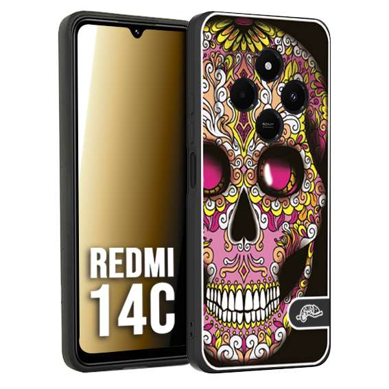 CUSTOMIZZA - Custodia cover nera morbida in tpu compatibile per Xiaomi Redmi 14C teschio messicano Mexican skull rosa gialla