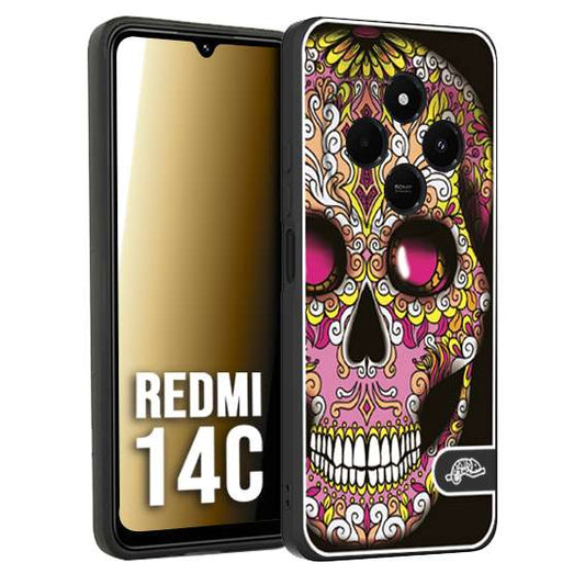 CUSTOMIZZA - Custodia cover nera morbida in tpu compatibile per Xiaomi Redmi 14C teschio messicano Mexican skull rosa gialla
